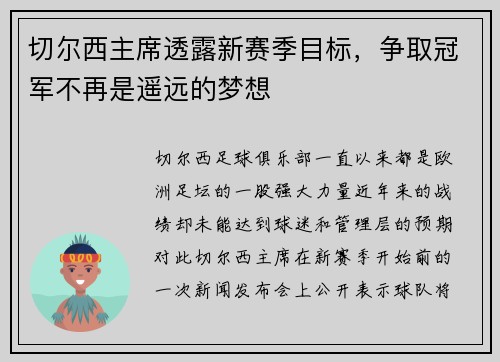 切尔西主席透露新赛季目标，争取冠军不再是遥远的梦想