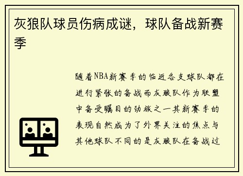 灰狼队球员伤病成谜，球队备战新赛季