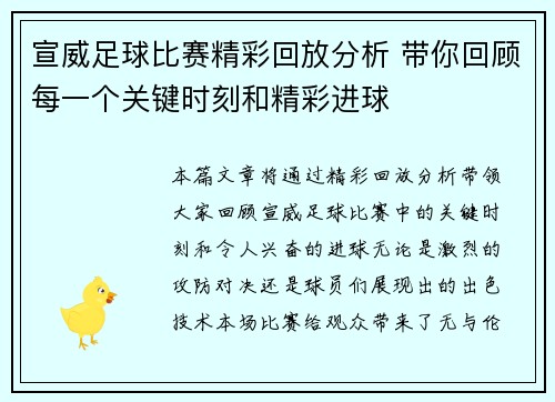 宣威足球比赛精彩回放分析 带你回顾每一个关键时刻和精彩进球